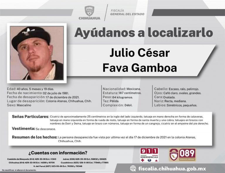 Solicita FGE colaboración para localizar a Julio César Fava Gamboa