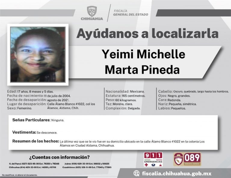 Solicita FGE colaboración para localizar Yeimi Michelle Marta Pineda