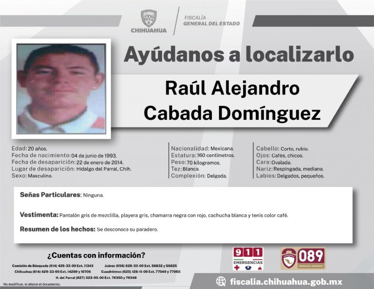 Solicita FGE apoyo para localizar a persona desaparecida en Parral en el año 2014