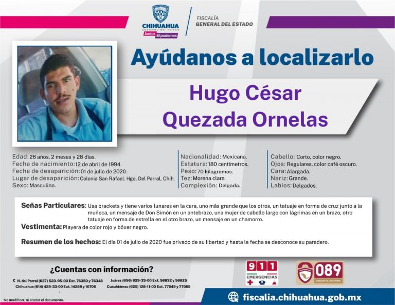 Solicita FGE colaboración para localizar a persona desaparecida en Parral en 2020