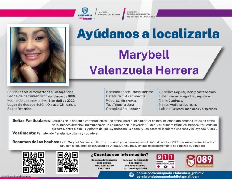 Realizan Fiscalía de Distrito Zona Centro y Comisión Local de Búsqueda acciones para localizar a Marybell Valenzuela