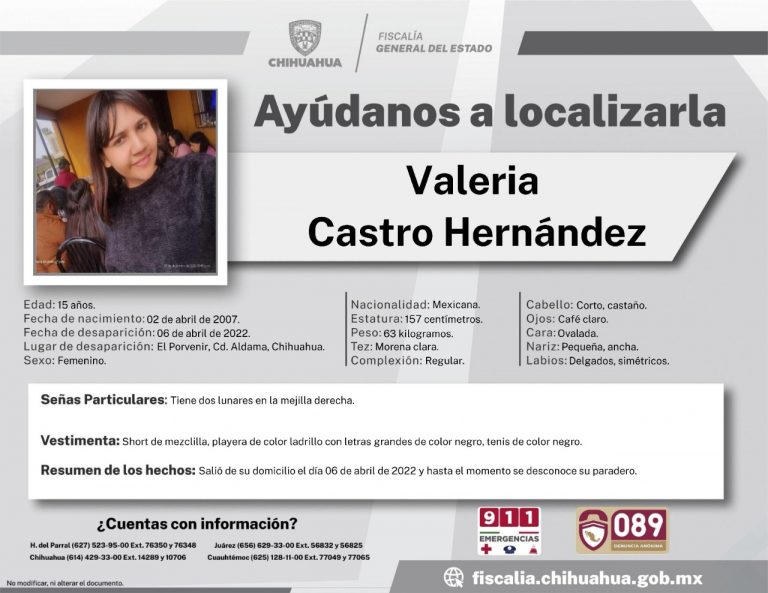 Solicita FGE colaboración para localizar a Valeria Castro Hernández