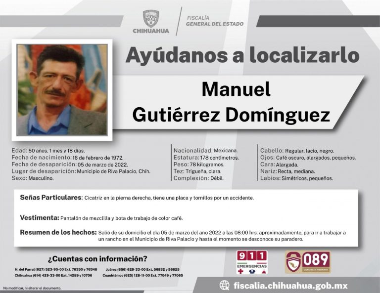 Solicita FGE apoyo para localizar a hombre desaparecido en Riva Palacio