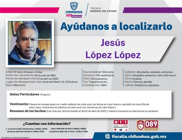 Solicita FGE apoyo para localizar a persona desaparecida en la ciudad de Chihuahua