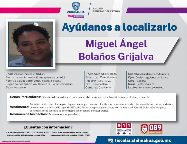 Solicita FGE colaboración para localizar a Miguel Ángel Bolaños Grijalva