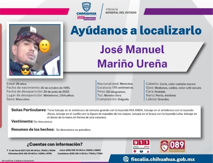 Solicita FGE colaboración para localizar a José Manuel Mariño Ureña