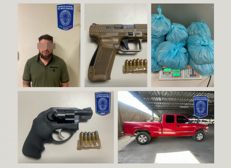 Arresta FGE a sujeto en posesión de dos armas de fuego y casi 5 kilos de mariguana en Juárez
