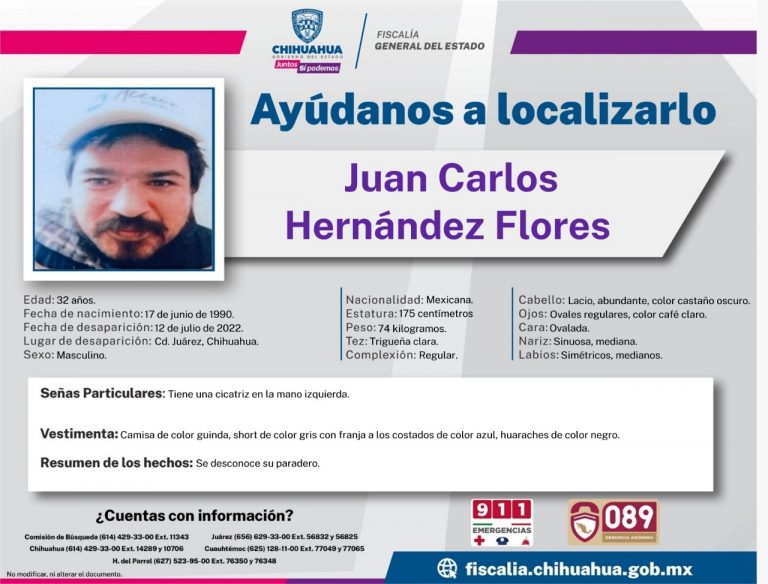 Solicita FGE colaboración para localizar a Juan Carlos Hernández Flores