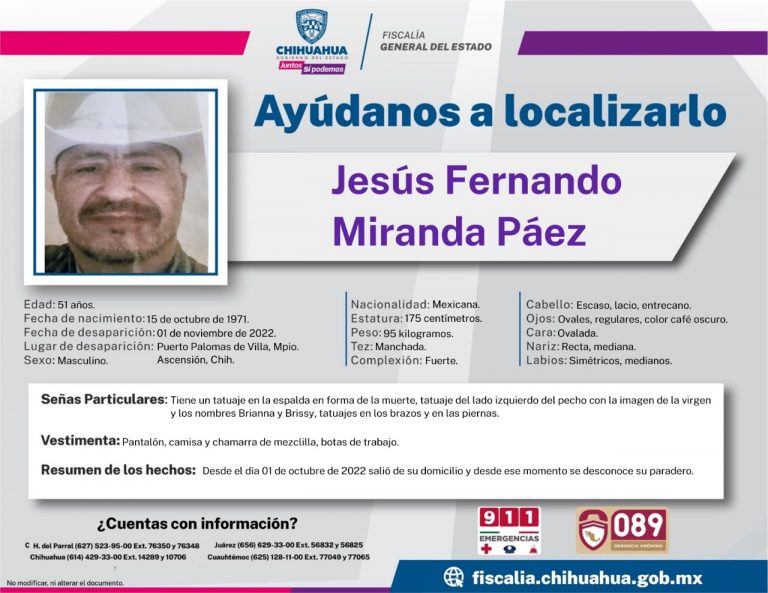 Operativo de búsqueda de Jesús Fernando Miranda Páez en Puerto Palomas de Villa