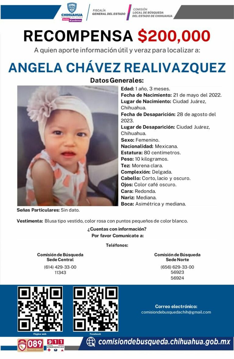 Emite Comisión de Búsqueda recompensa de 200 mil pesos a quien aporte información para ubicar a la menor Ángela Chávez Realivázquez.