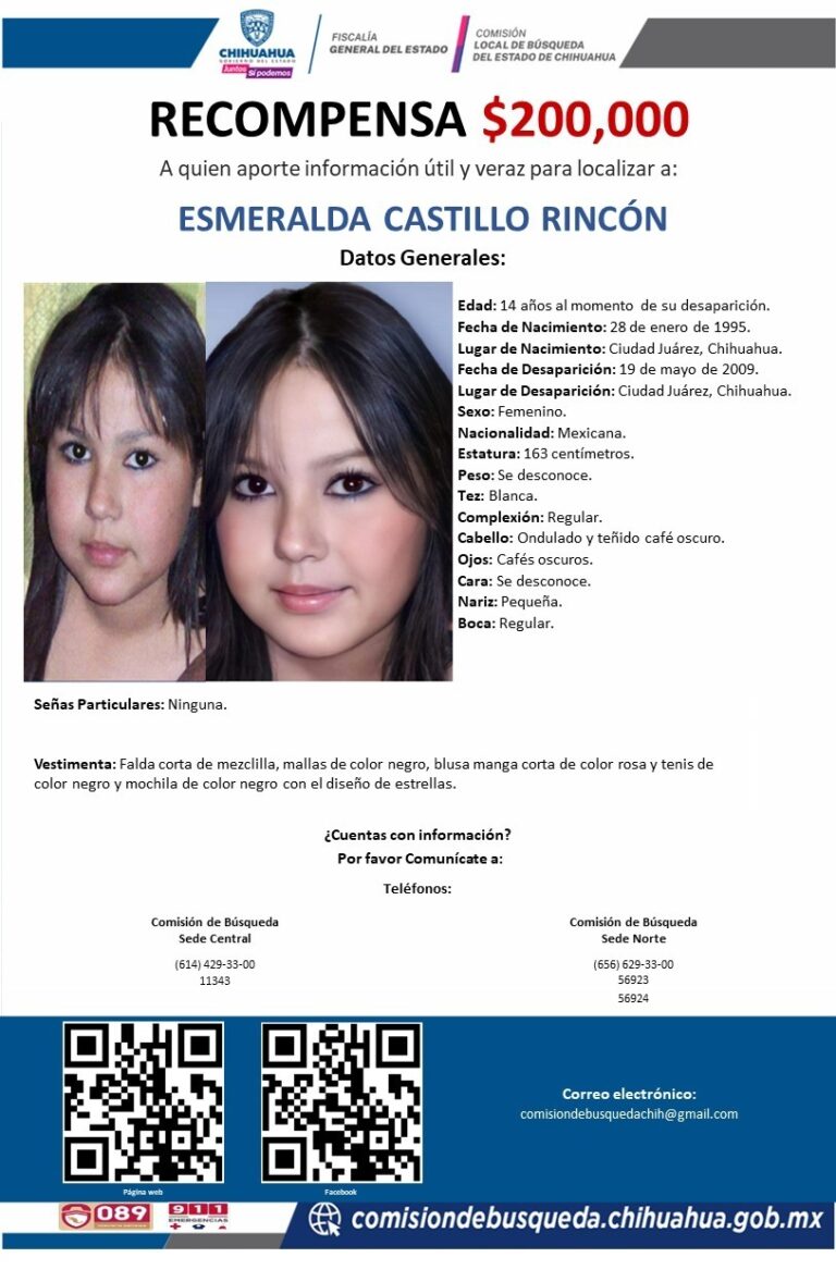 Ofrece Fiscalía recompensa de 200 mil pesos para promover la participación de la ciudadanía para esclarecer la desaparición de la joven Esmeralda Castillo Rincón