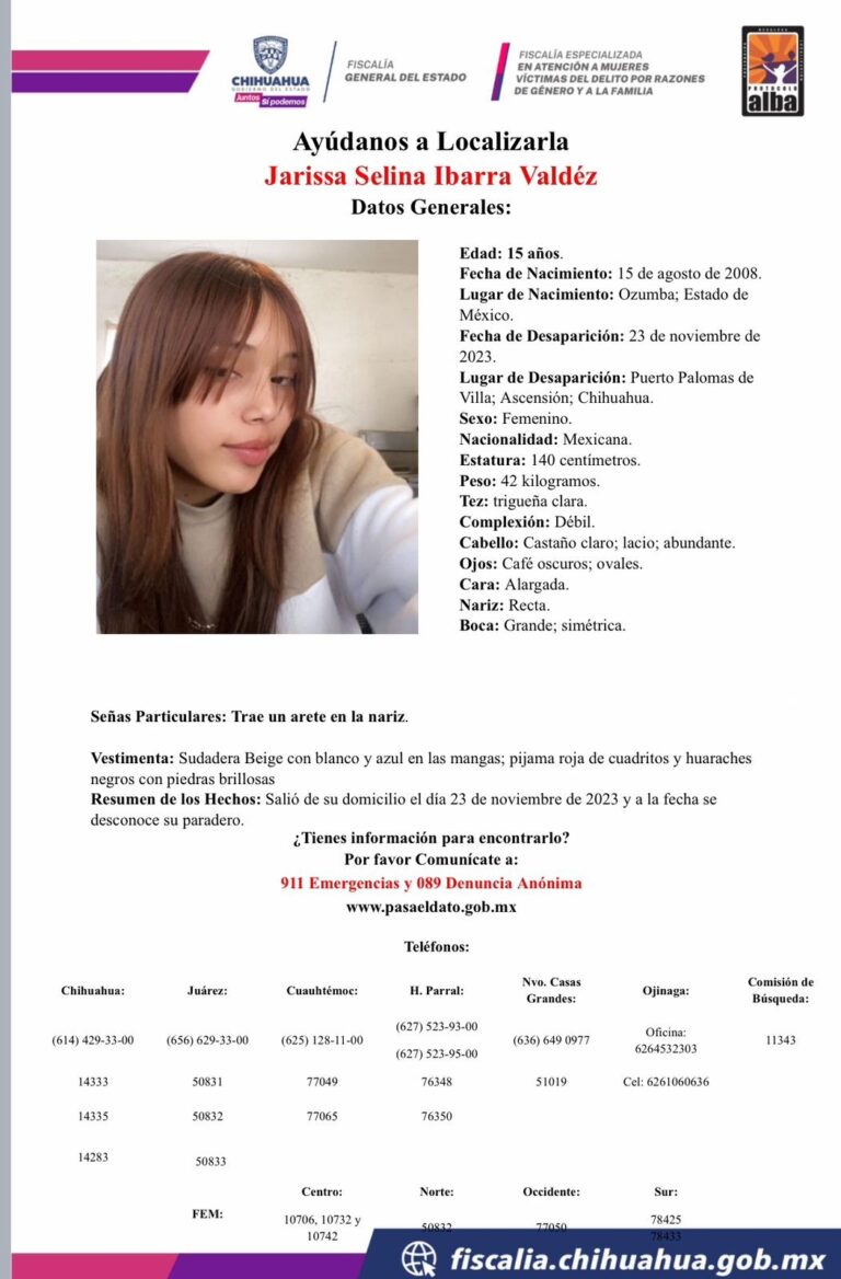 Solicita FGE Noroeste colaboración para localizar a una adolescente con reporte de ausencia en Puerto Palomas de Villa