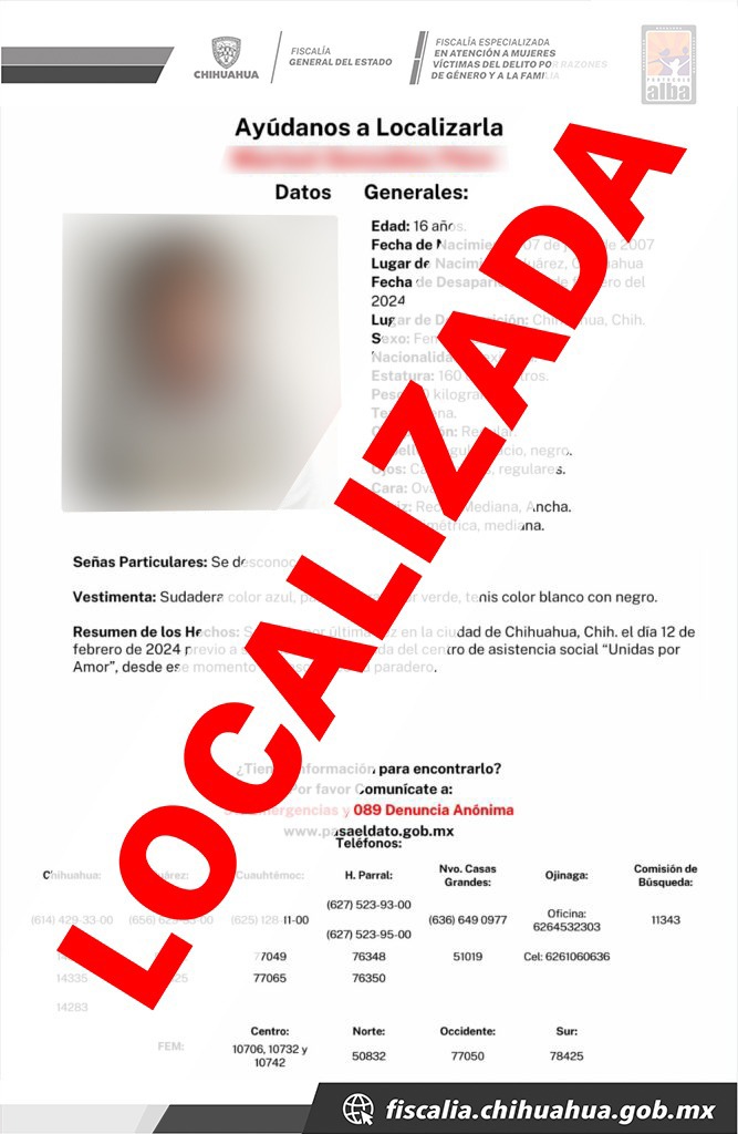 CLB localiza en Cuauhtémoc a adolescente desaparecida en la ciudad de Chihuahua